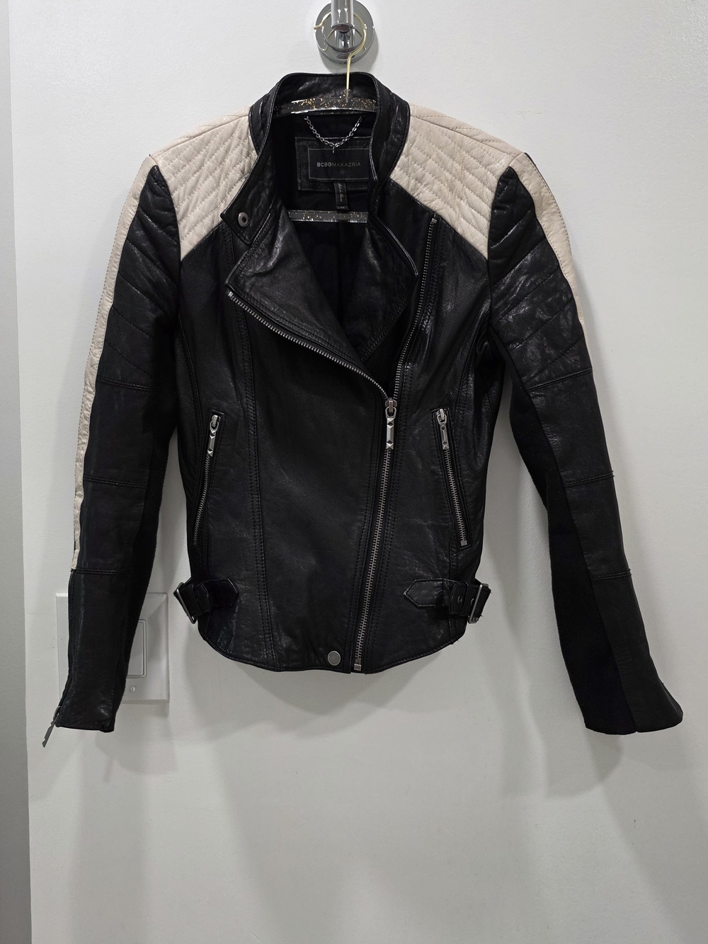 BCBGMAXAZRIA Black & White Leather Moto Jacket Size XS
